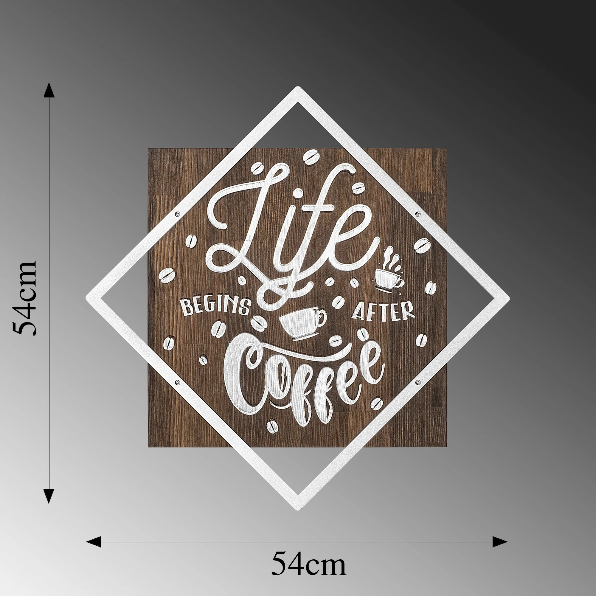 Aksesor dekorativ prej druri për mur, Wallity, Life Begins After Coffee, argjend, ngjyrë arre