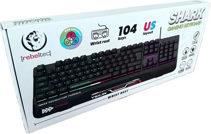 Tastierë gaming Rebeltec SHARK, full-size 104 tasta, RGB, USB me kabllo 1.8 m, me mbështetëse dore, waterproof, e zezë