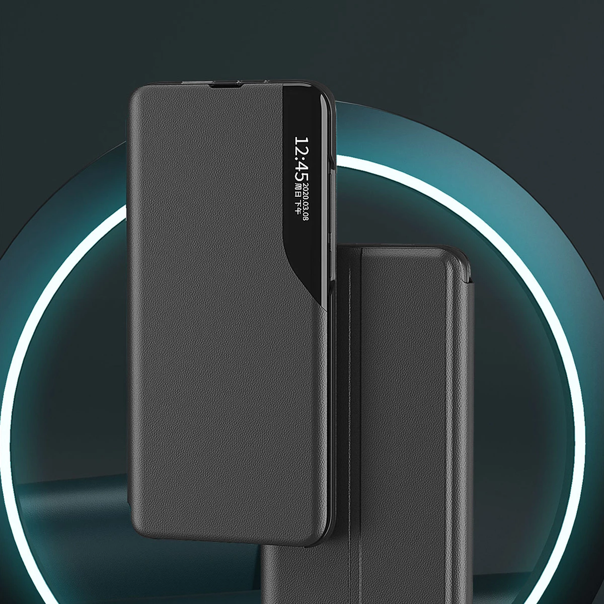 Mbështjellës Hurtel Eco Leather View Case për Samsung Galaxy A14, me kapak dhe qëndrim, i zi