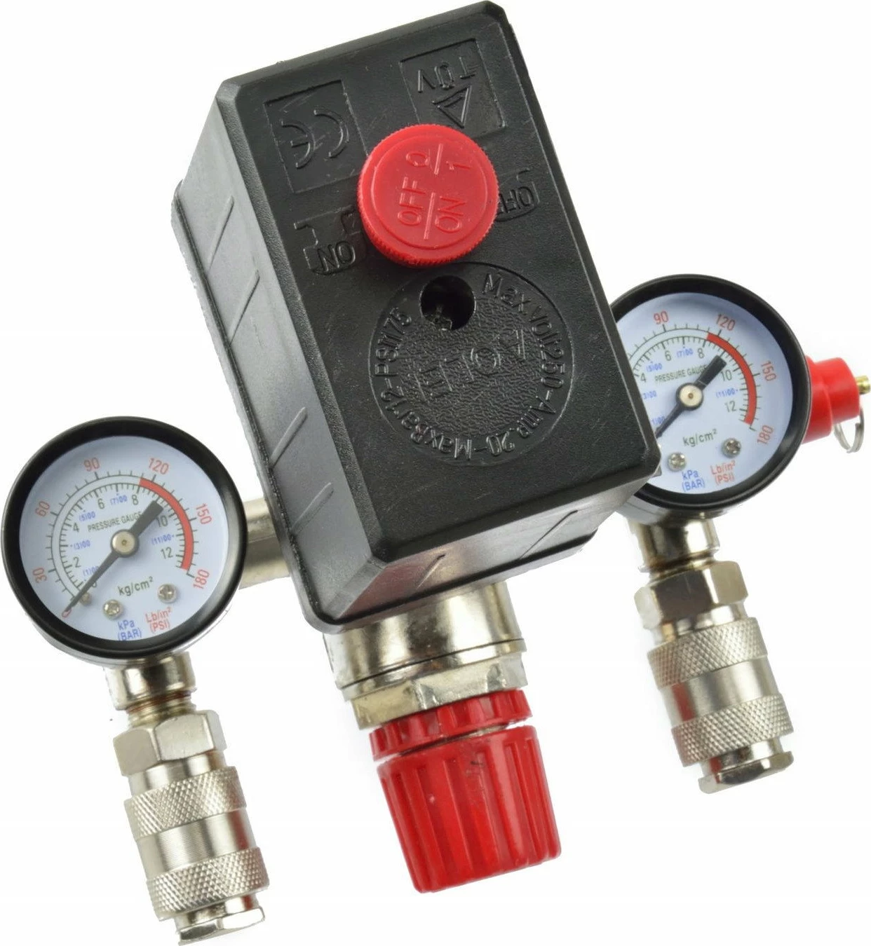 Ndërprerës presioni për kompresor Geko G80306 (135), 230V, rregullim 2-12 bar, me 2 manometra