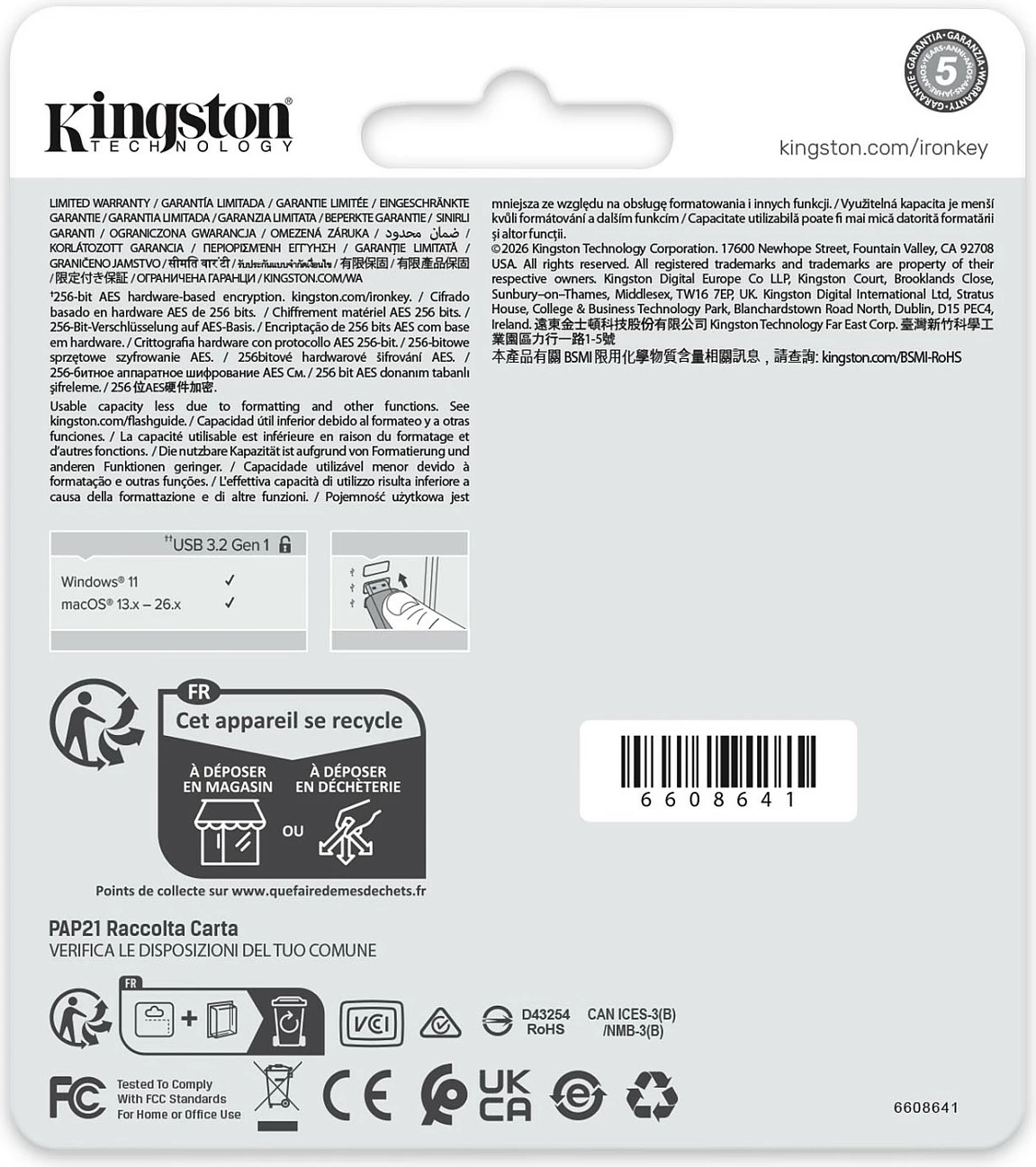 USB stik Kingston IronKey Locker+ 50 G2 64GB, USB-A 3.2 Gen 1, AES-256/FIPS 197, i zi