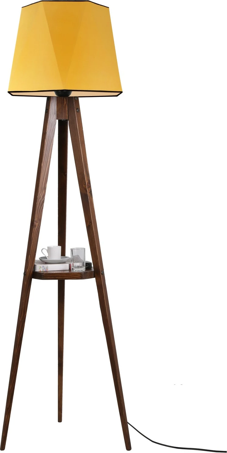 Llambë dyshemeje me rafte, trup druri, abazhur ngjyrë mustardë, Sehbalı Tripod, 165cm