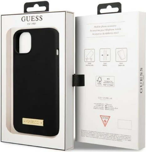 Mbështjellës Guess Silicone Logo Plate MagSafe për iPhone 13 mini, i zi