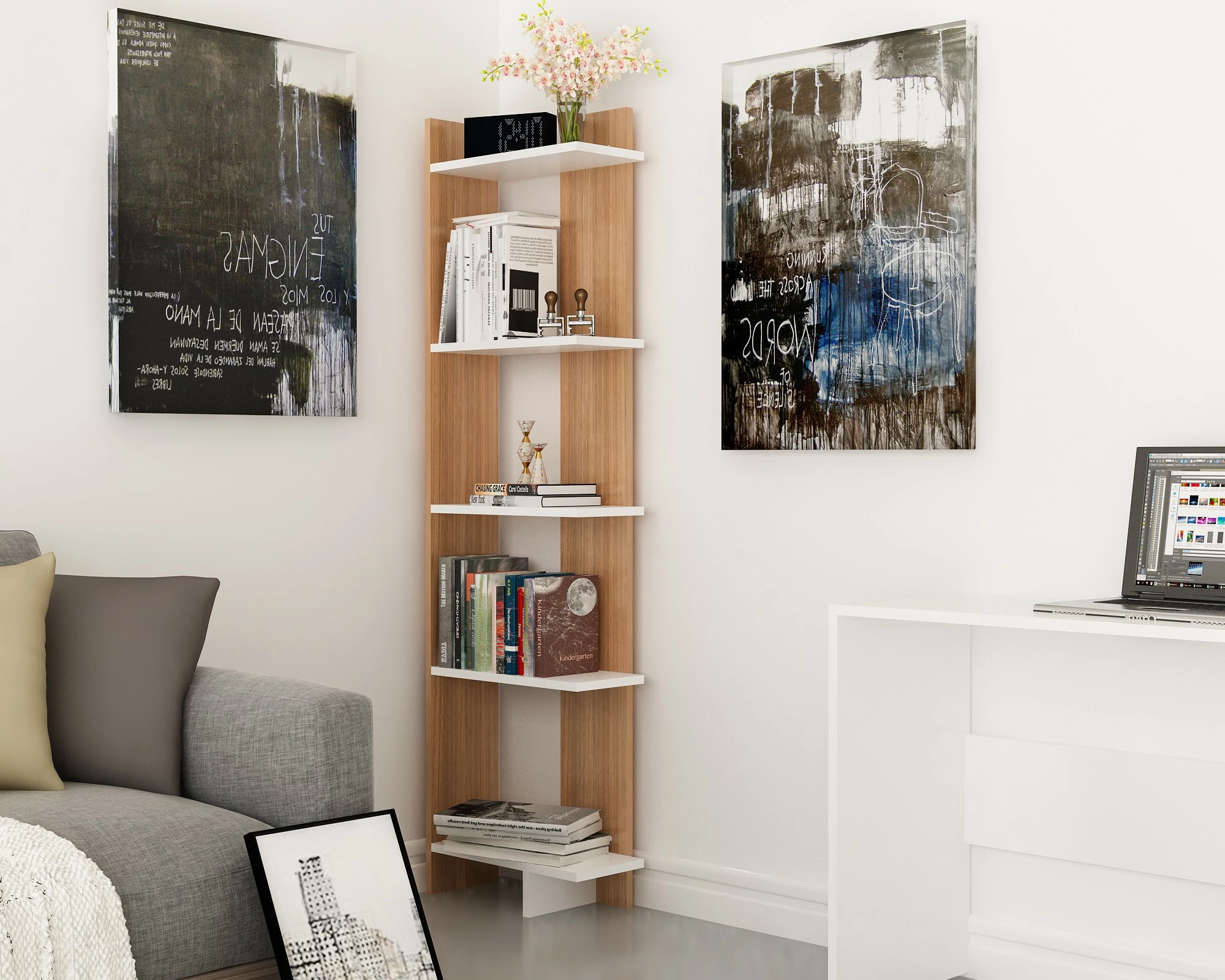 Raft librash Hanah Home, Als, ngjyrë dru tik dhe e bardhë