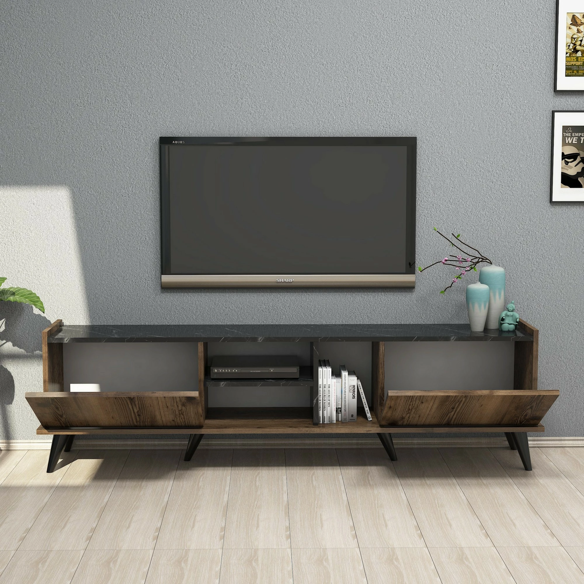 Komodë TV Hanah Home, Elegante 1330, ngjyrë arre dhe e zezë