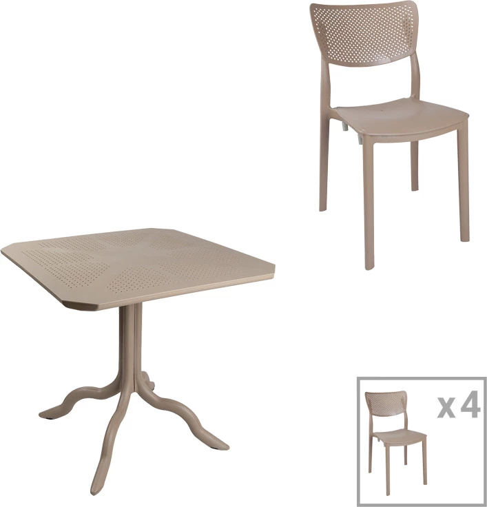 Tavolinë me karrige për terasë Groovy-Ignite, PP, ngjyrë kapuçino, set 5 copë, 80x80x74.5cm