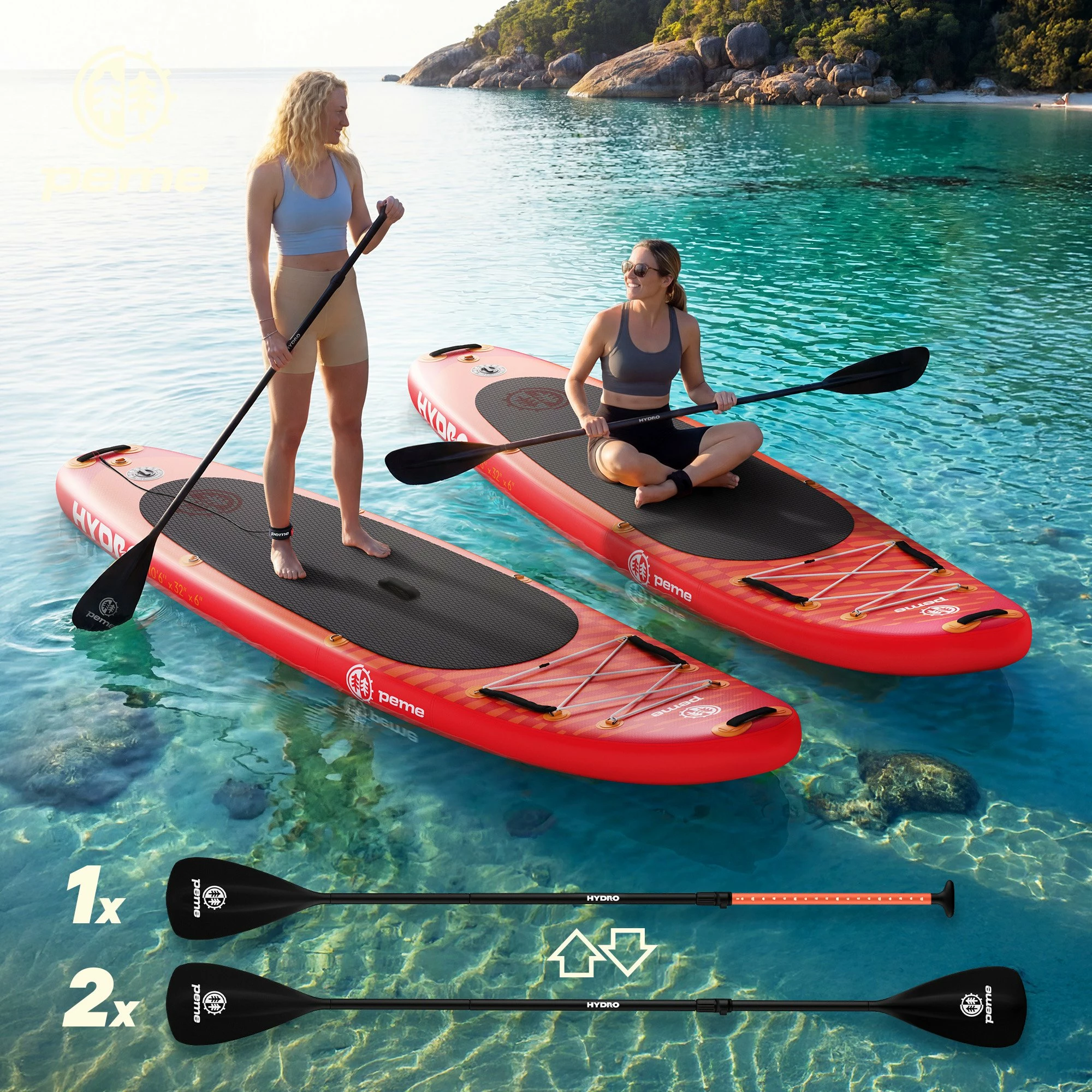 Dërrasë SUP inflatuese Peme Hydro 350 350x81x15 cm, deri 166 kg, 18 PSI, portokalli/kuqe (Sunset Orange), set me lopatë 2-në-1 + pompë + çantë shpine