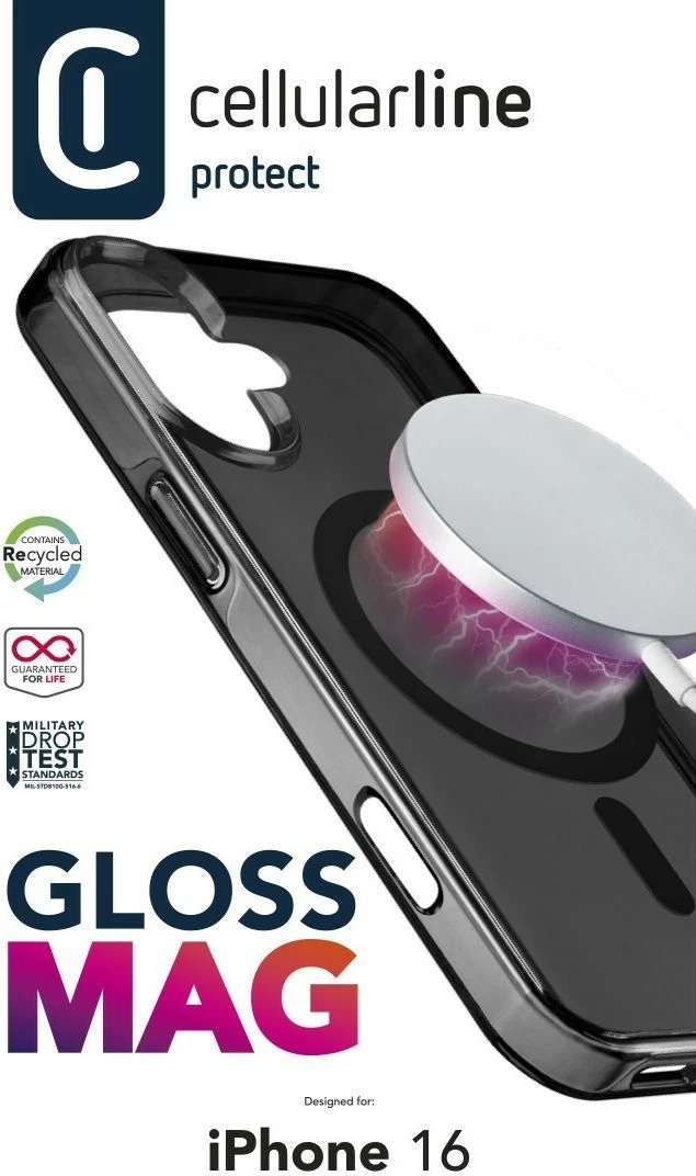 Mbështjellës Cellularline Gloss MagSafe për iPhone 16, i zi