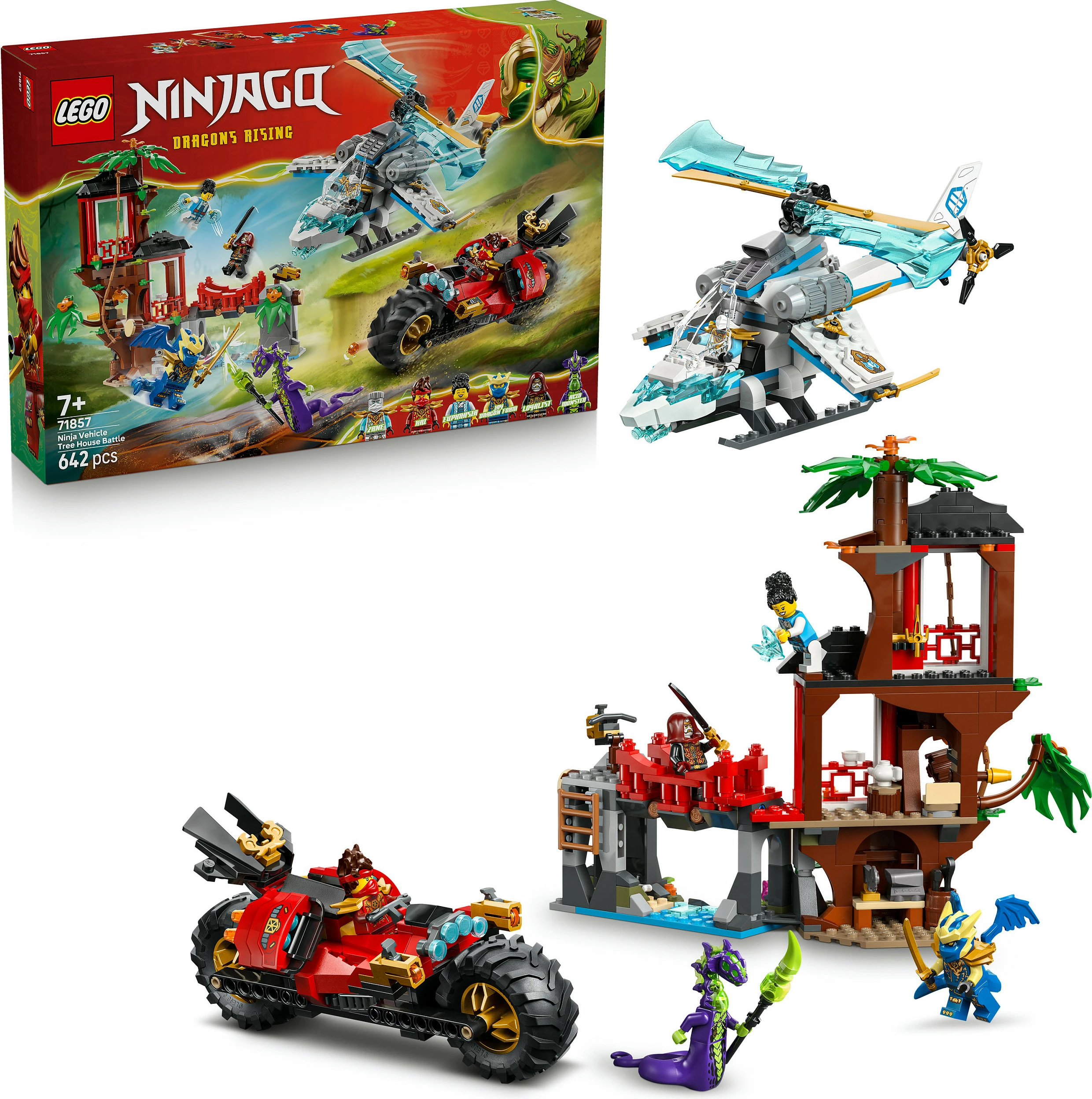 Set ndërtimi LEGO NINJAGO 71857 Ninja Vehicle Tree House Battle, 642 pjesë, 6 minifigura, multikolor