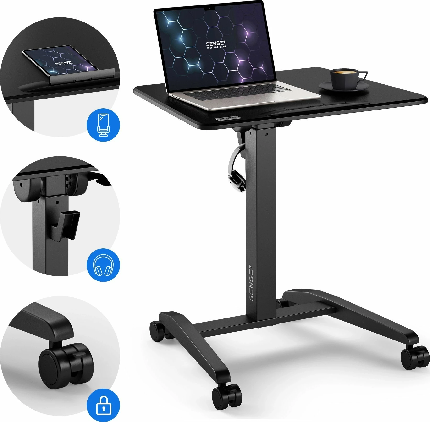 Tavolinë mobile SENSE7 Mobile Desk 70x52 cm, rregullim lartësie 76-111 cm, sipërfaqe e anueshme 0-90°, e zezë