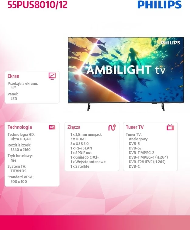 Televizor LED Philips 55PUS8010/12, 55", Ultra HD 4K, Ambilight, Titan OS, i zi