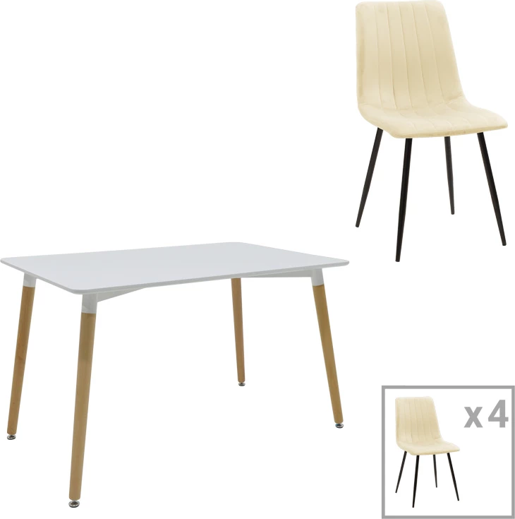 Tavolinë me karrige Natali-Noor, set 5 copë, MDF e bardhë, karrige me material bezhë, 120x80x76cm