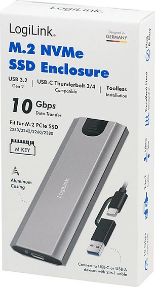 Kasë eksterne për SSD NVMe LogiLink, USB 3.2 Gen2, USB-C, argjend