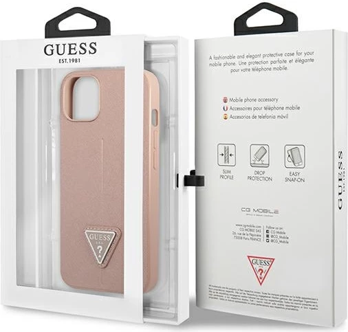Mbështjellës Guess GUHCP13SPSATLP për iPhone 13 mini 5.4", Saffiano Triangle, Rozë