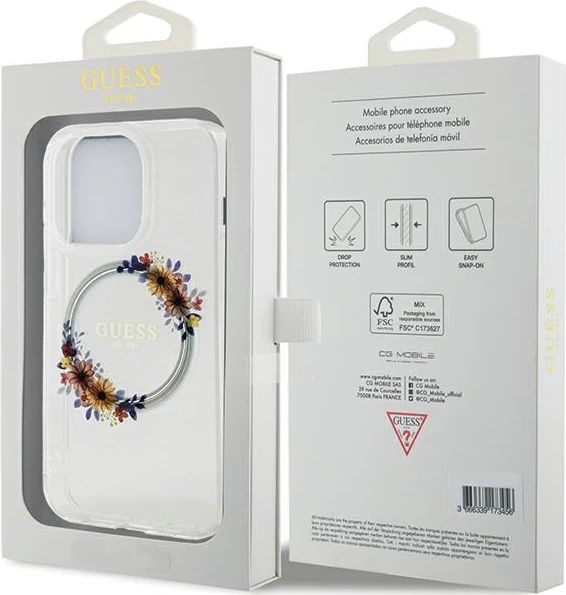 Mbështjellës Guess IML Flowers Wreath MagSafe për iPhone 15 Pro, Transparent