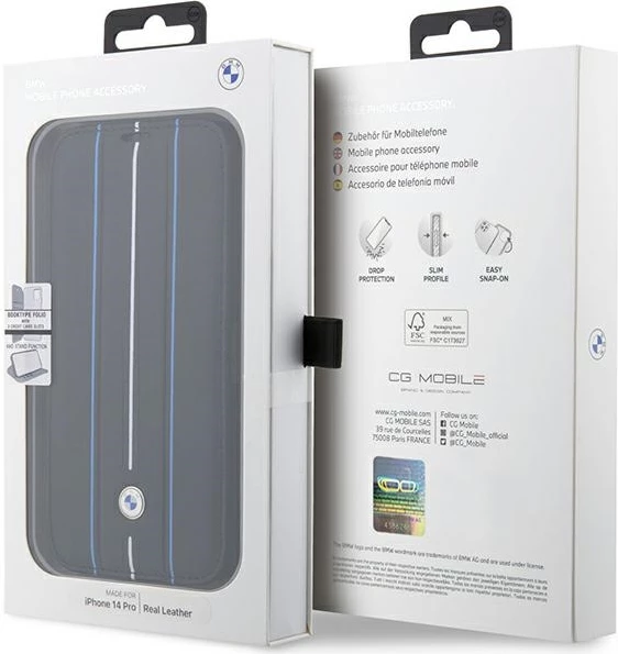 Mbështjellës BMW BMBKP14L22RVSK për iPhone 14 Pro 6.1\", bookcase, eco lëkurë/PU/PC, me 3 xhepa kartelash, në kuti, i zi