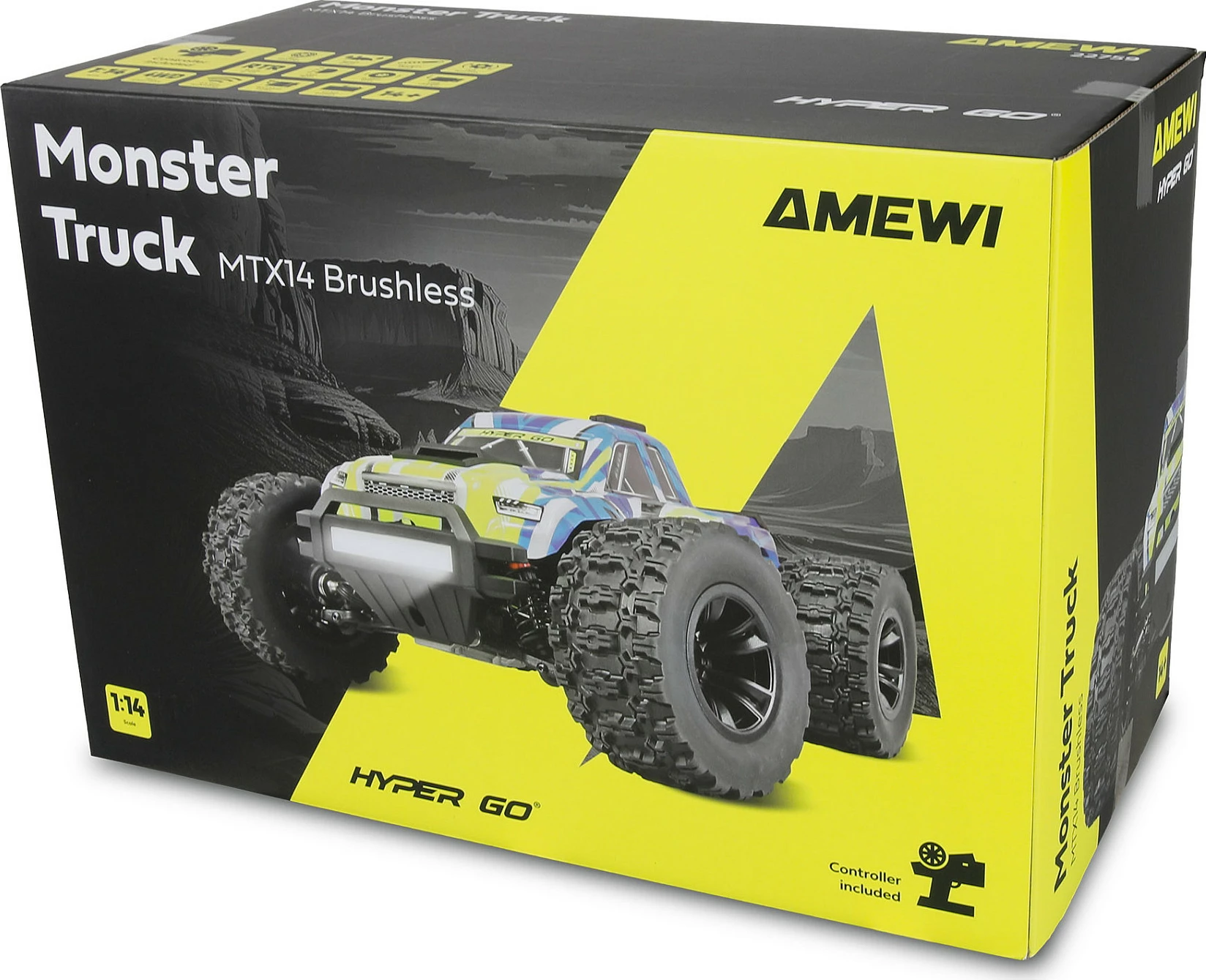 Monster truck RC AMEWI Hyper Go MTX14, brushless 4WD, 1:14 RTR, blu/bardhë/verdhe