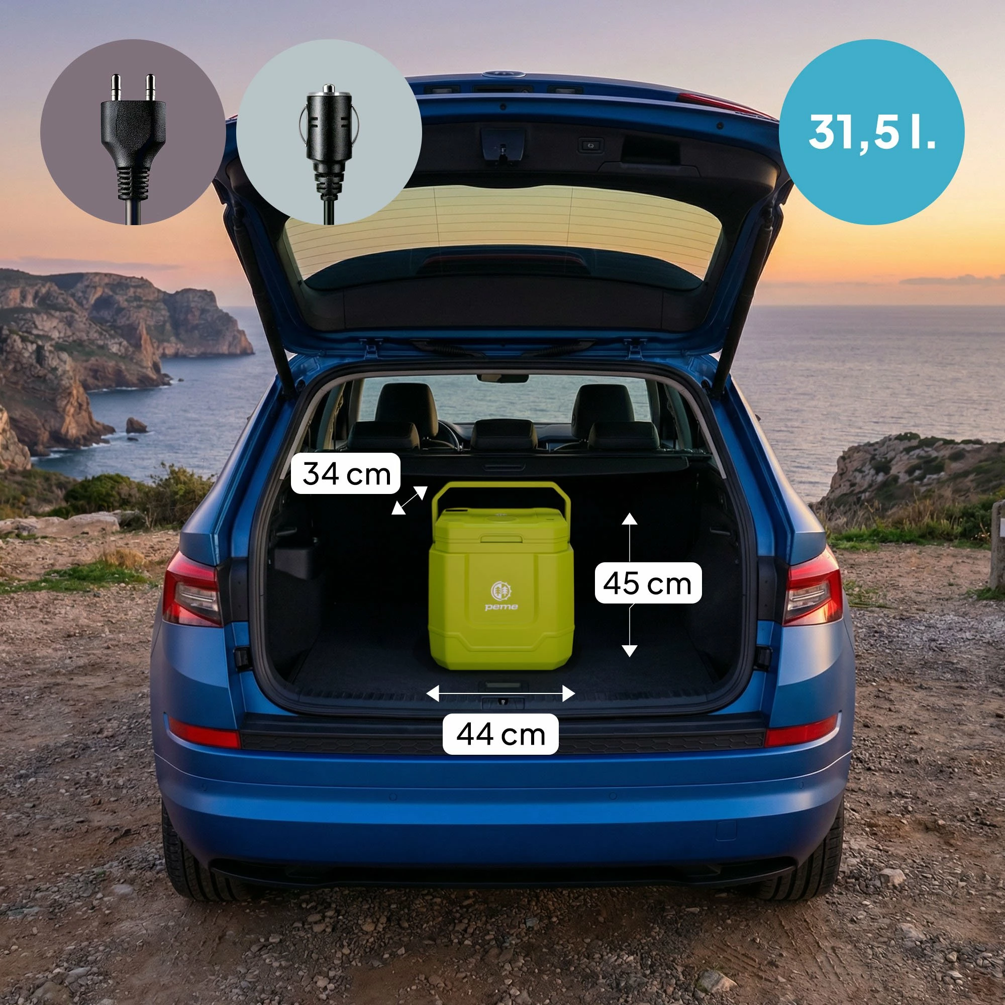Frigorifer portativ Peme Trip 31.5 L, me ftohje/ngrohje, Bluetooth altoparlant, USB, AC/DC, i gjelbër