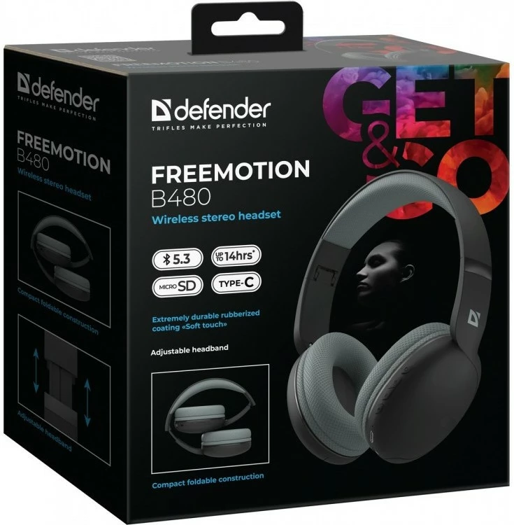 Kufje pa tela mbi vesh, Defender FreeMotion B480 (MPN 63480), Bluetooth 5.3, 14 orë bateri, me mikrofon, microSD/AUX, të zeza