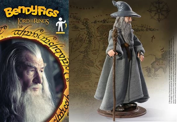 Figurë fleksibile Noble Collection Bendyfigs Lord of the Rings Gandalf the Grey, 18 cm, me mantel pëlhure, me shkop, me bazë ekspozimi