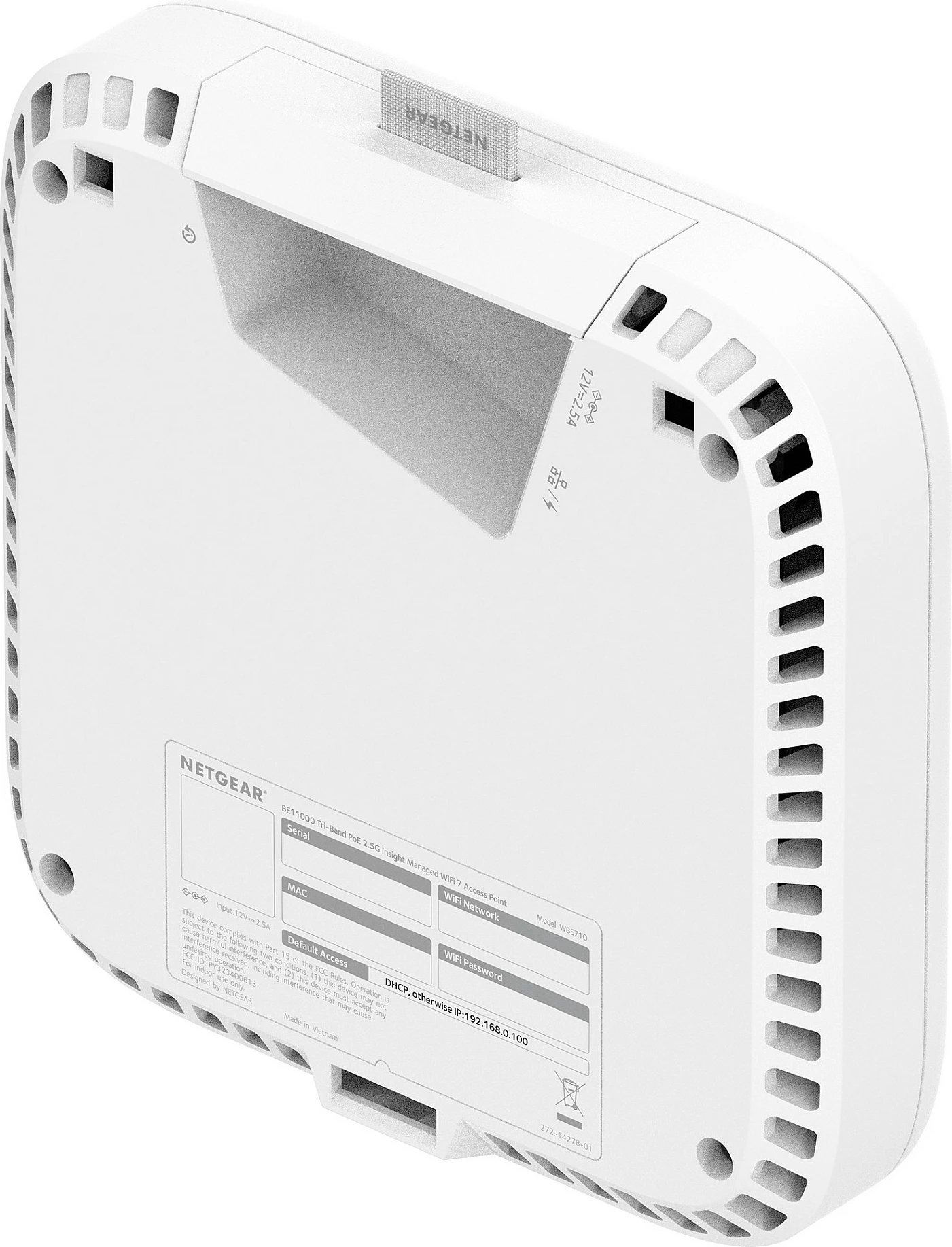 Access point Wi‑Fi NETGEAR WBE718, tri-band 2.4/5/6 GHz, Wi‑Fi 7, 2.5G PoE, i bardhë