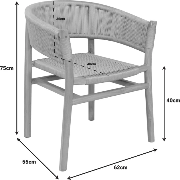 Karrige Kajone, skelet druri tik, ngjyrë natyrale dhe litar PE krem, 62x55x75cm