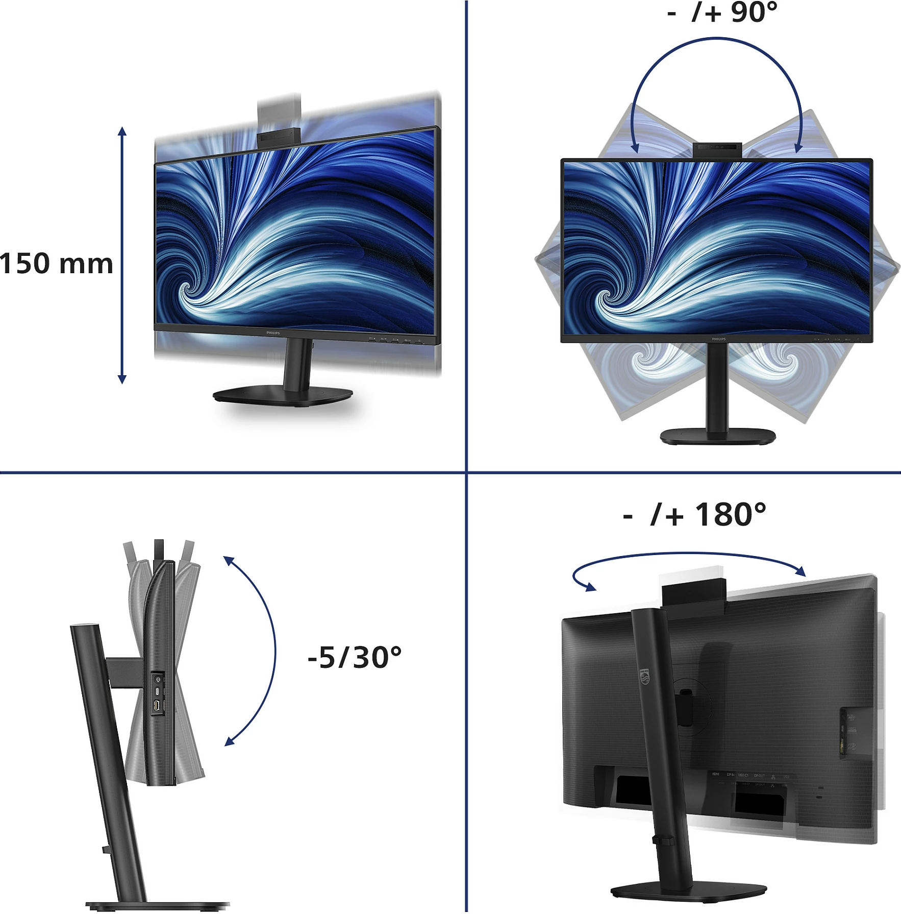Monitor Philips 24B2U3301H/00, 24" Full HD IPS, 120Hz, USB-C Docking, Webcam 5MP, i zi