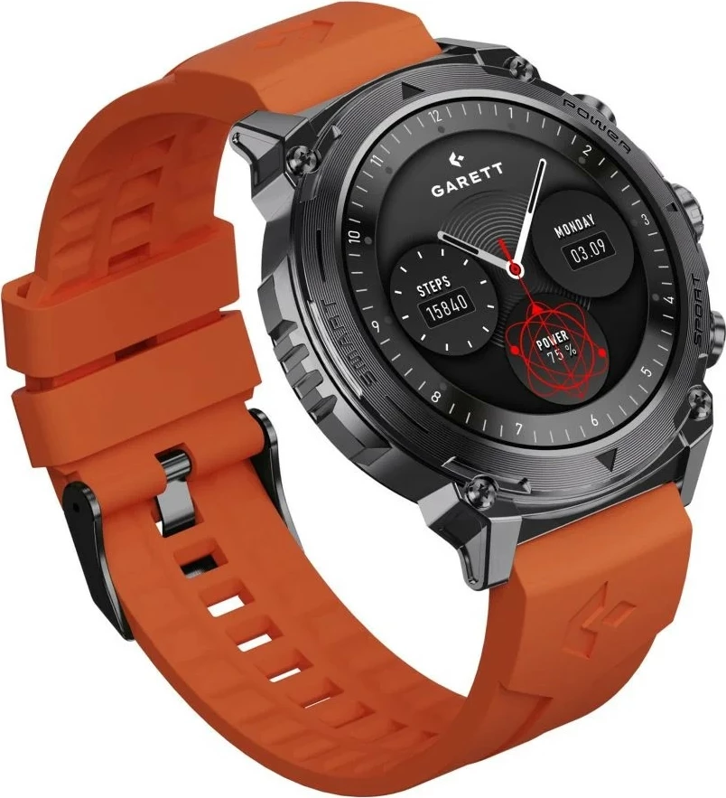 Smartwatch Garett Atom 1.43\" AMOLED, Bluetooth thirrje, IP68, 370 mAh, iOS/Android, e zezë, set me rrip silikoni shtesë