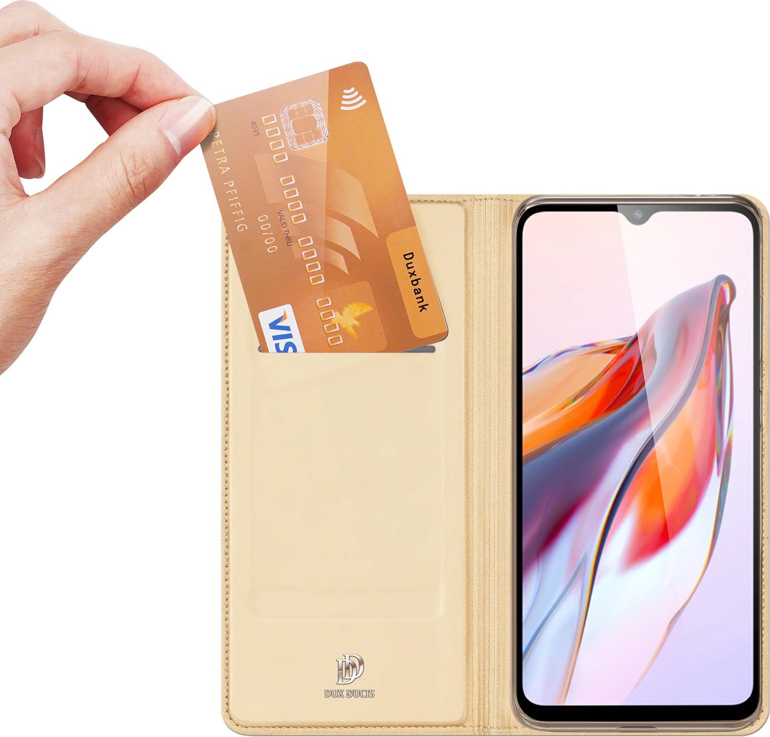 Mbështjellës Dux Ducis Skin Pro për Xiaomi Redmi 11A / Poco C55 / Redmi 12C, me kapak, xhep kartele, gold