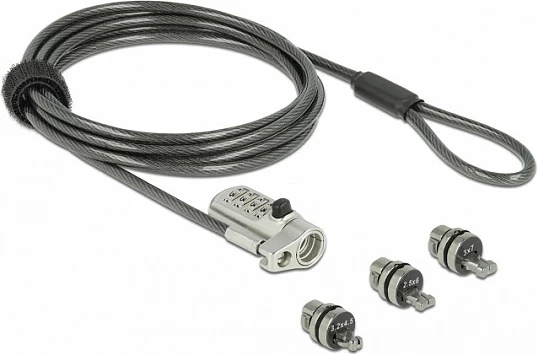 Kabllo sigurie për laptop DeLOCK, kyç me kombinim, 2 m, 3 adaptera (Kensington/Noble Wedge/Nano), e zezë/argjendtë