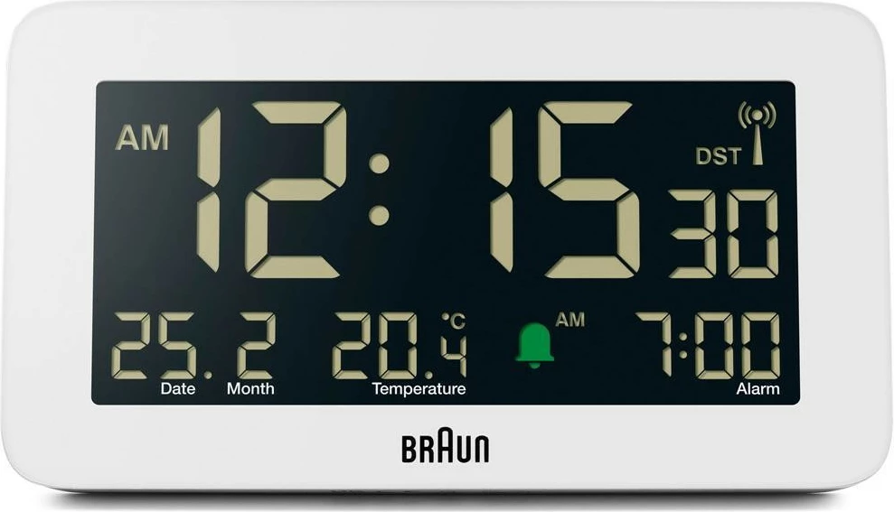Alarm digjital Braun BC10, ekran LCD, termometër, orar 12/24h, bardhë