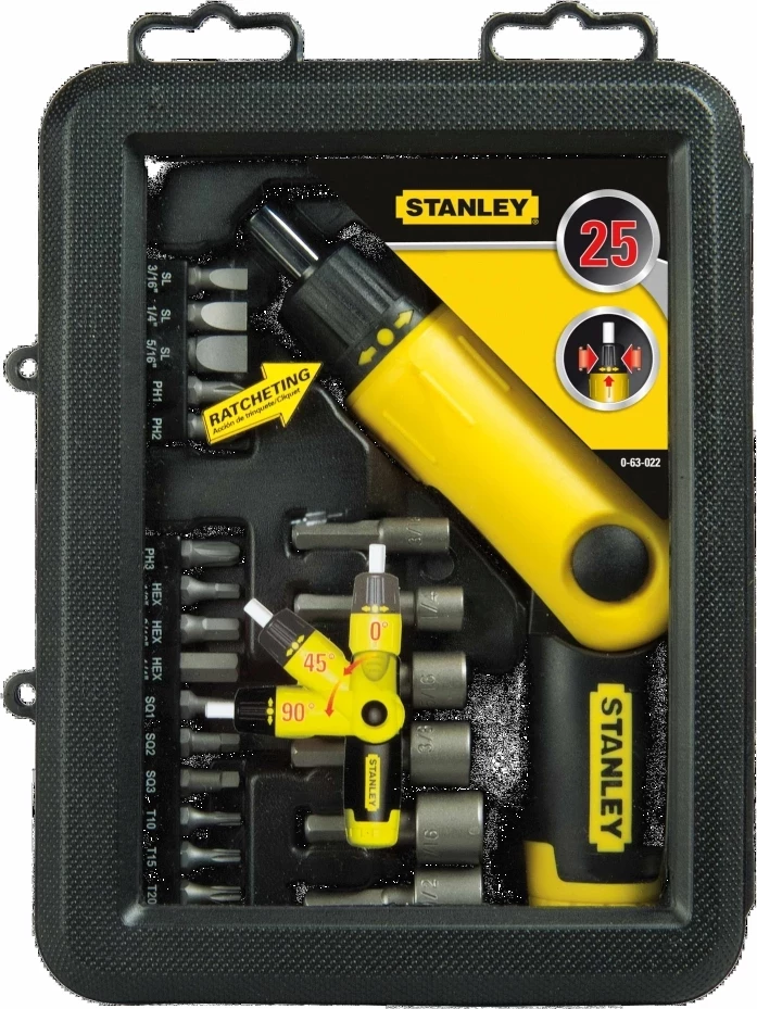 Set kaçavidash me dorezë ratchet Stanley 0-63-022, 22 copë, e verdhë/e zezë