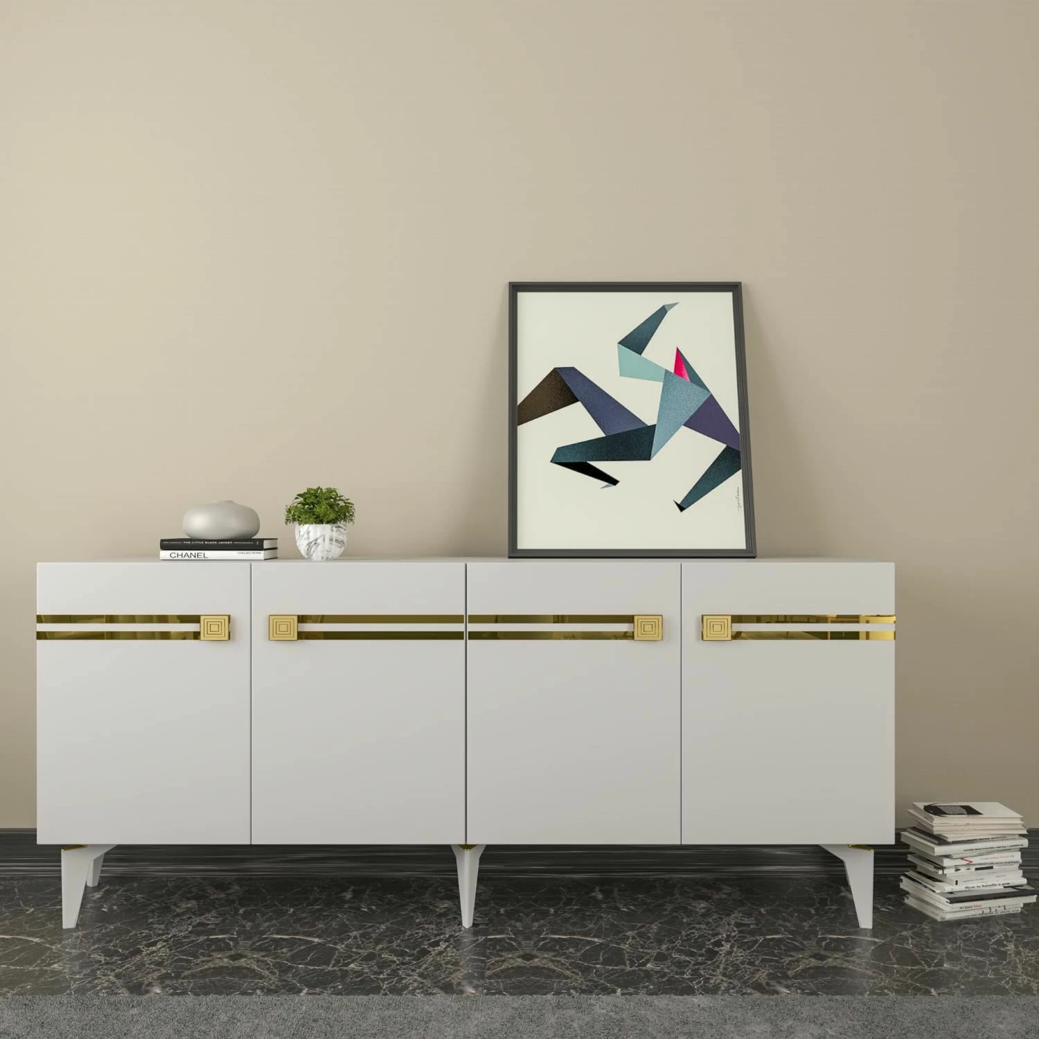 Konsol Skye Decor, Hayat KB150, e bardhë dhe ari
