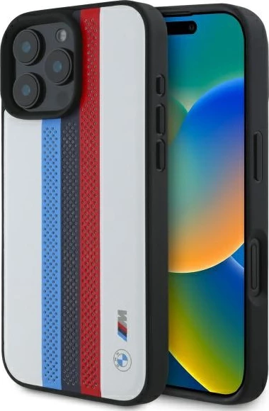 Mbështjellës BMW M Performance Tricolor Stripes për iPhone 16 Pro Max, MagSafe, i bardhë