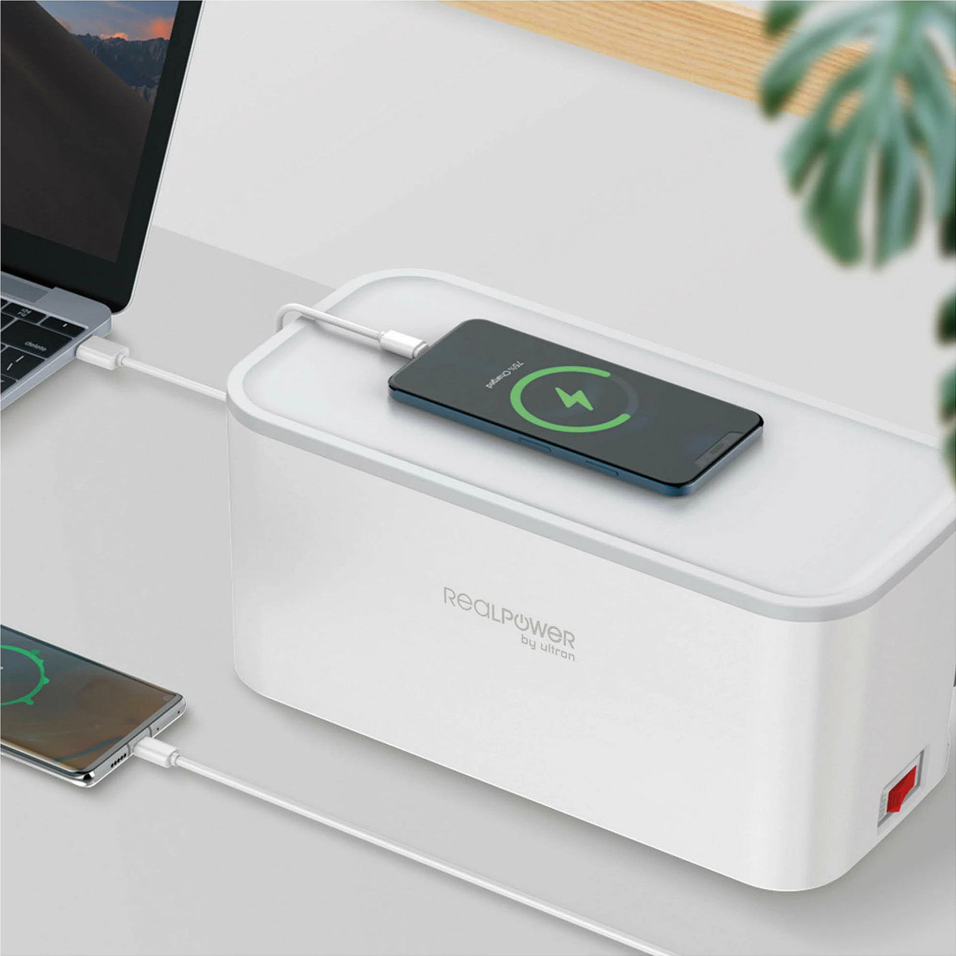 Zgjatues rryme RealPower PowerBox 522, 5 priza, 4 USB (2x USB-C), kabllo 1.5 m, i bardhë