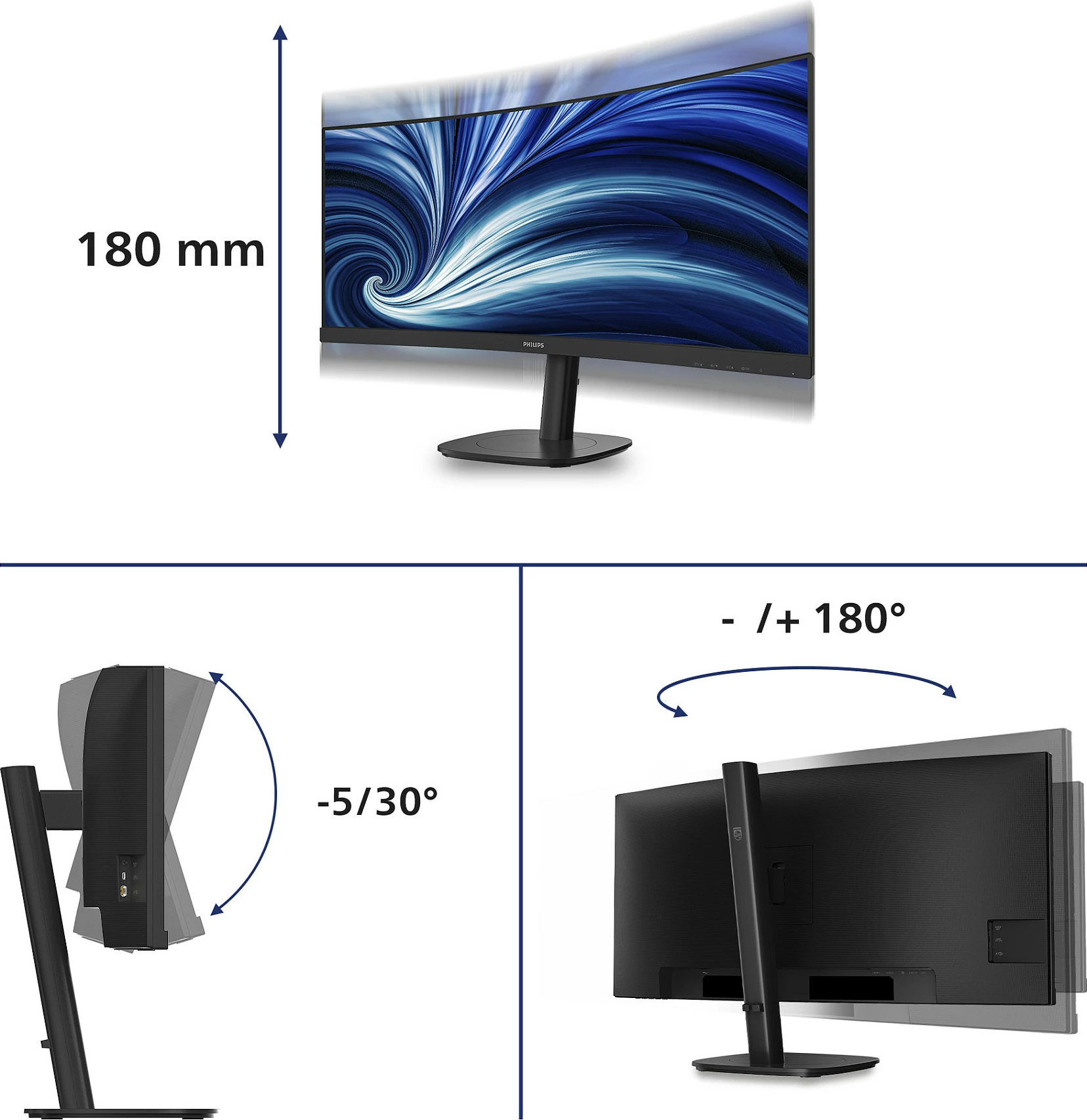Monitor Philips 34B2N3500C, 34", WQHD 3440x1440, 21:9, VA, 120Hz, HDR, USB Hub, Altoparlantë, i zi