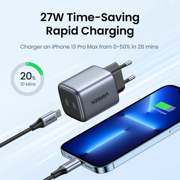 Karikues USB-C UGREEN Nexode 45W GaN II PD 3.0, 2x USB-C, gri
