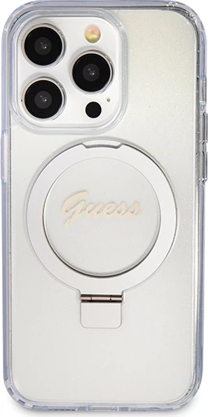 Mbështjellës Guess Ring Stand Script Glitter MagSafe për iPhone 15 Pro, Transparent