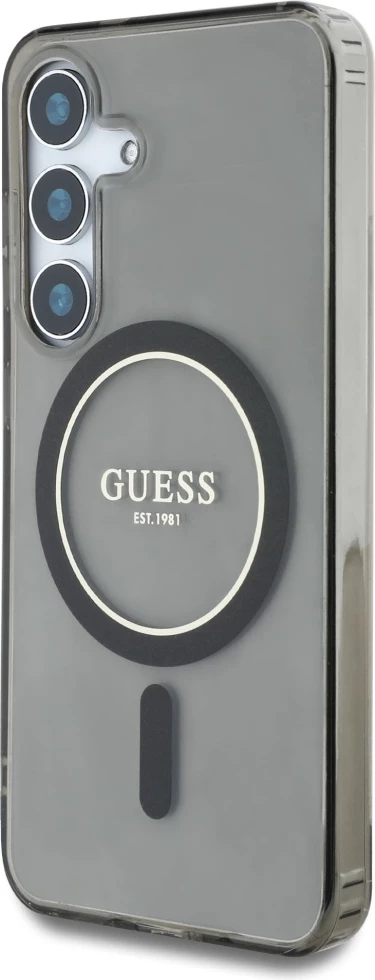 Mbështjellës Guess Glitter Circle Classic Logo MagSafe për Samsung Galaxy S25, zi
