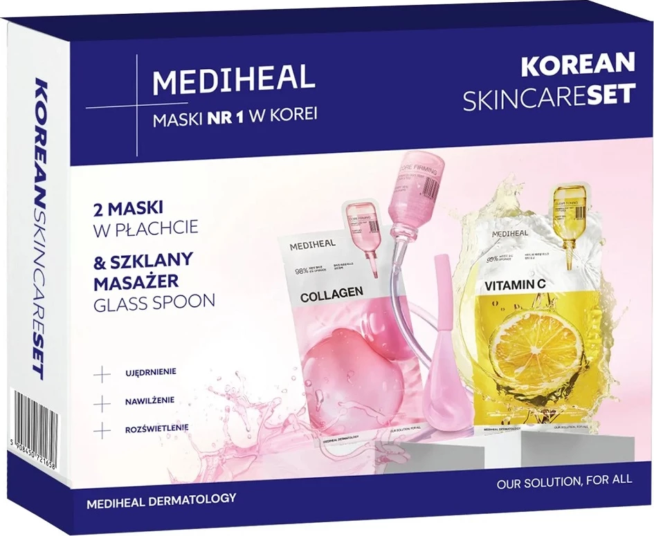 Set për kujdesin e fytyrës Mediheal Sheet Mask Set + masazher qelqi për femra, 2x24ml + 1 copë