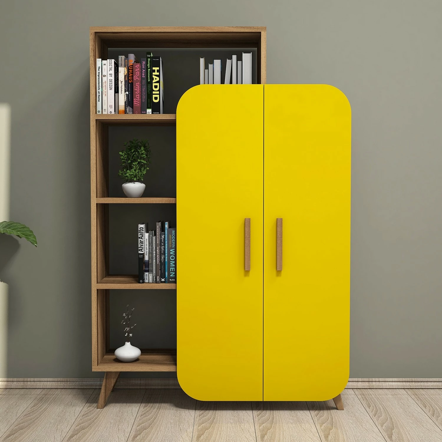 Raft librash Hanah Home, formë moderne, ngjyrë arrë dhe e verdhë