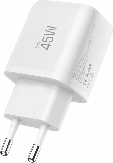 Karikues muri Tech-Protect NCA45W-GAN 45W 2-port (USB-C PD 3.0 + USB-A QC 3.0), me kabllo USB-C në USB-C 1 m, i bardhë