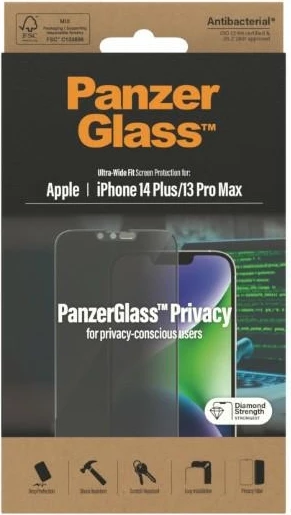 Xham i temperuar PanzerGlass Ultra-Wide Fit Privacy për iPhone 14 Plus/13 Pro Max, Antibakterial