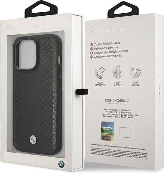Mbështjellës BMW Leather Diamond Pattern për iPhone 14 Pro 6.1\" hardcase, i zi