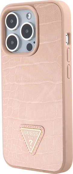 Mbështjellës Guess Croco Triangle Metal Logo për iPhone 15 Pro Max, Rozë