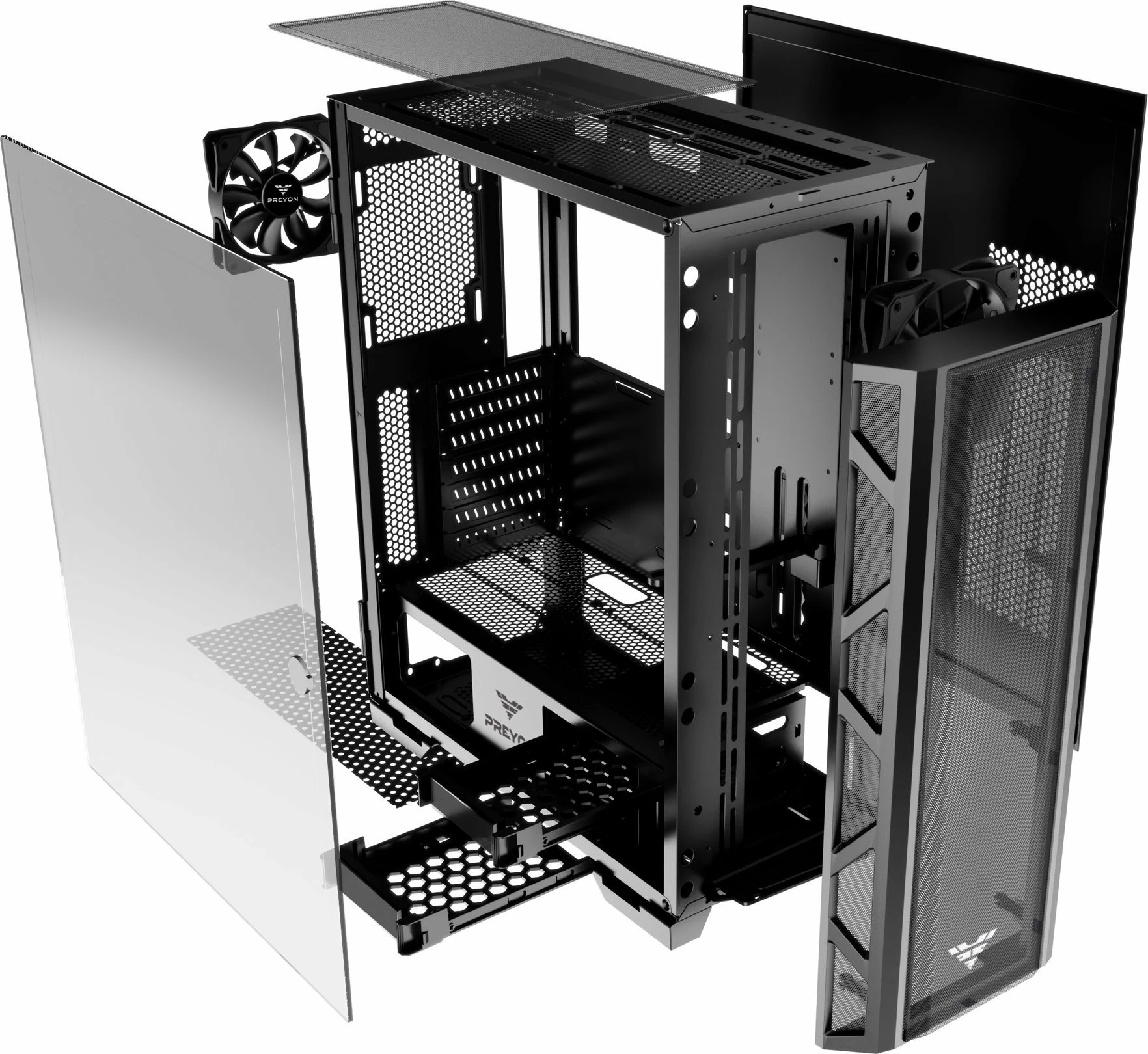Kasë PREYON Nest Meshy PRENM02B Midi Tower ATX/eATX me xham të kalitur, 2 ventilatorë, e zezë