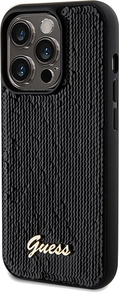 Mbështjellës Guess Sequin Script Metal për iPhone 14 Pro, i zi
