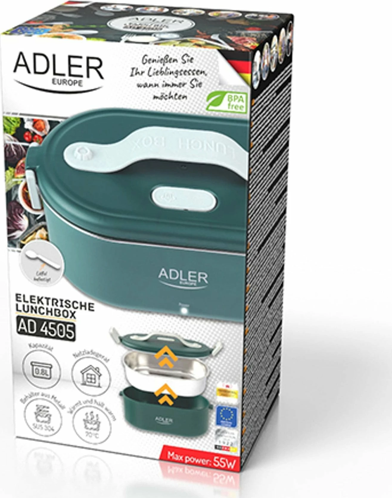 Enë ushqimi elektrike Adler AD 4505, 0.8 L, inox SUS304, ngrohëse, jeshile, me lugë