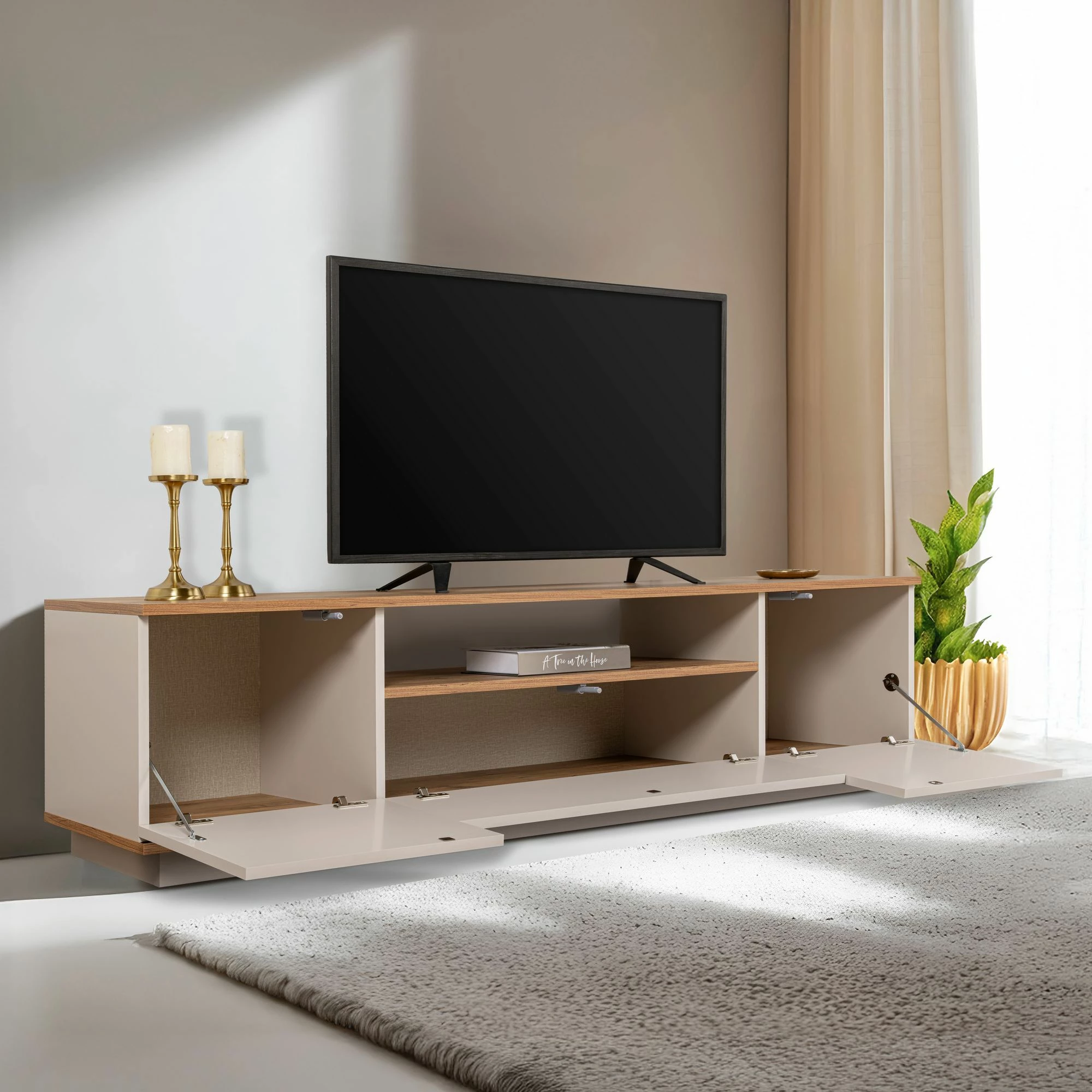 Komodë TV Skye Decor, Veramont, ngjyrë cashmere dhe Atlantic Pine