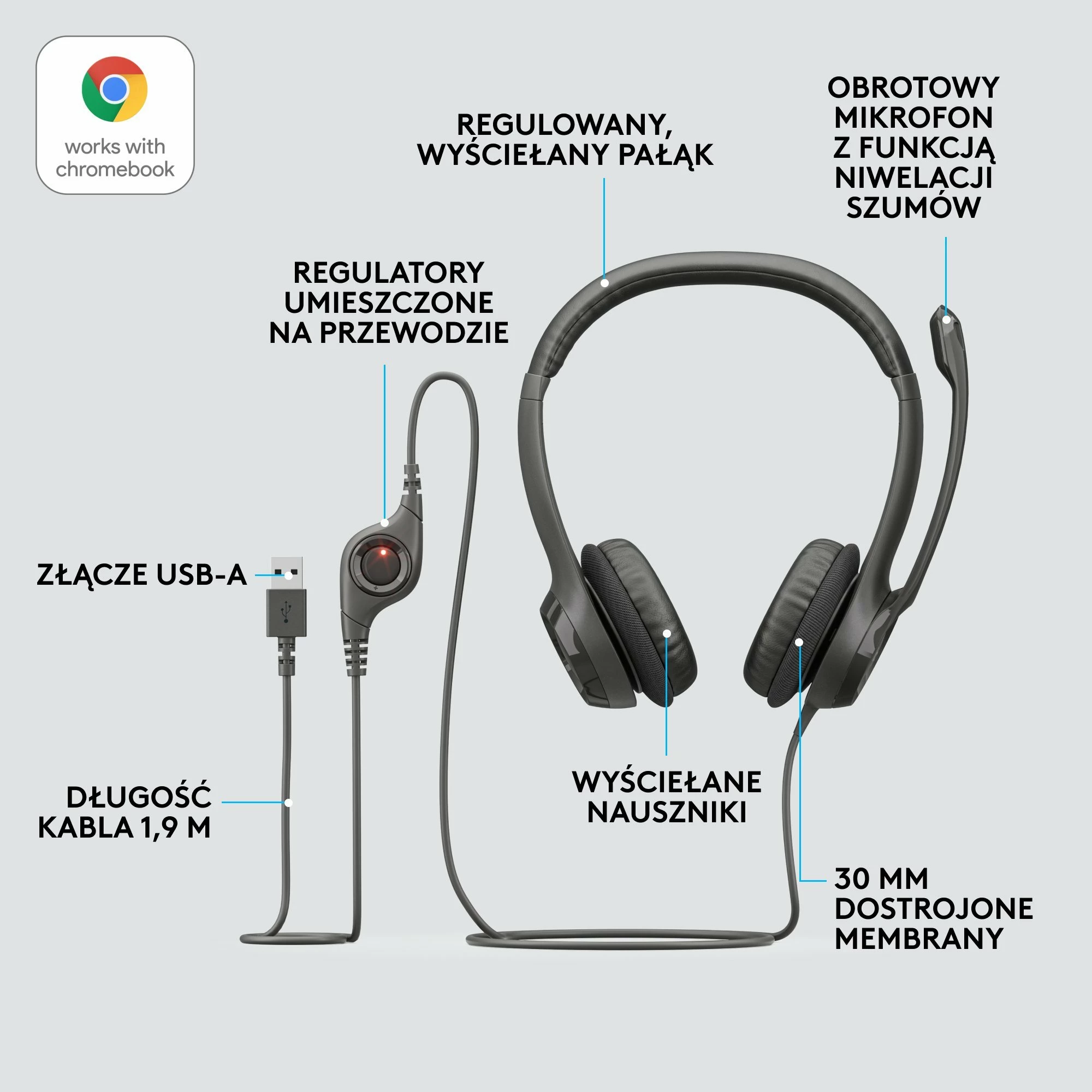Kufje me mikrofon Logitech H390 (981-000406), USB me kabllo 2.4 m, me kontroll në kabllo, të zeza